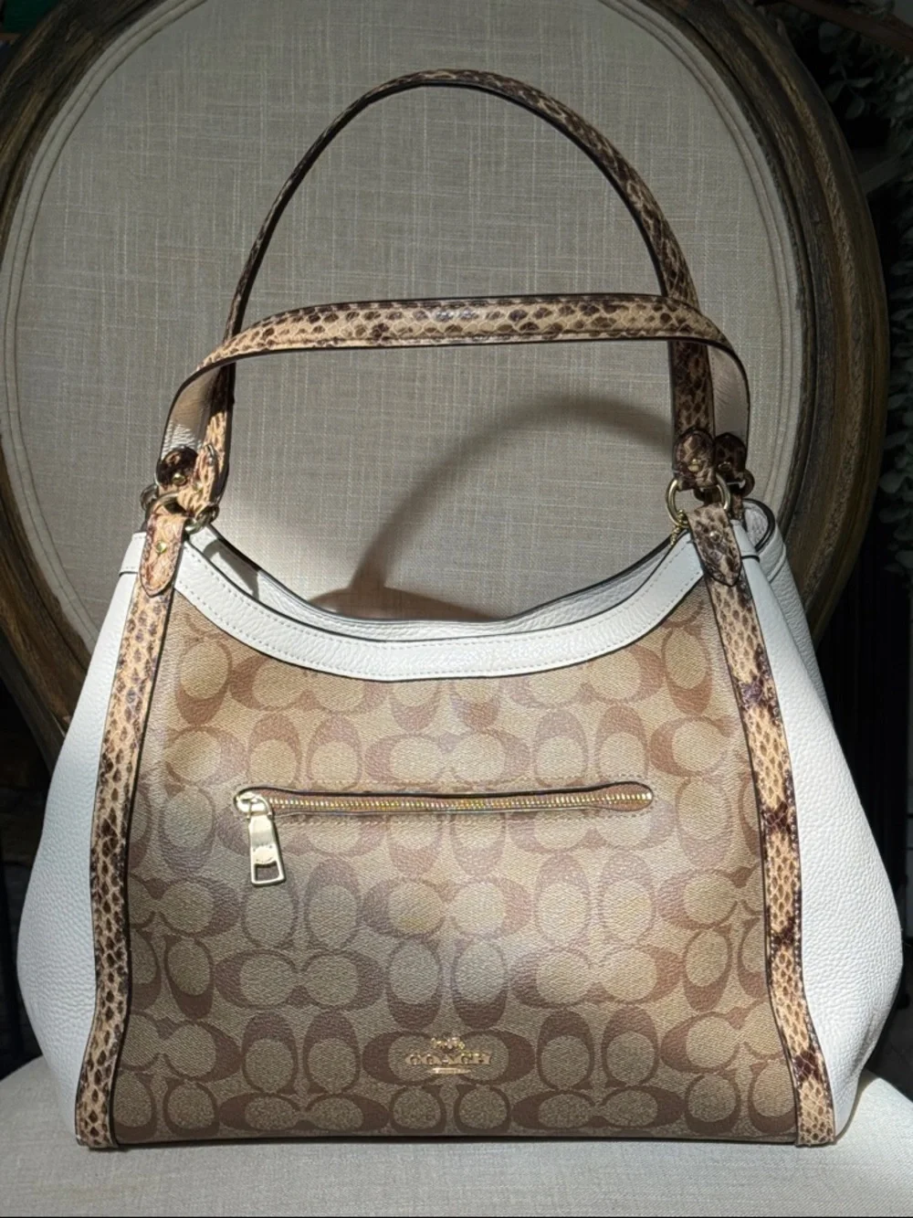 Coach Kristy Signature Canvas Shoulder Bag with White Panels & Snakeskin Trim